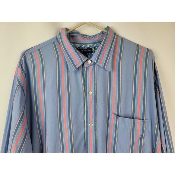 Lands End Men's Striped Button Up Shirt with Floral Flip Cuff Blue Salmon Sz XL - Picture 2 of 10